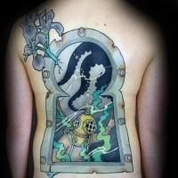 Modern style colored whole back tattoo of rusty keyhole stylized with old diver