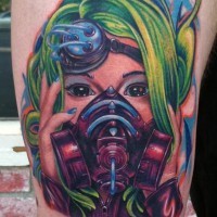 Modern style colorful thigh tattoo of futuristic woman in gas mask