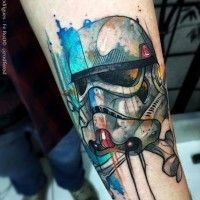 Modern style designed and colored watercolor like storm troopers helmet tattoo on forearm