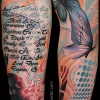 Modern style forearm tattoo of mystical man, butterflies and lettering