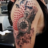 Modern style half colored tattoo with old mechanic pocket clock shoulder area tattoo