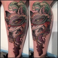 Modern style multicolored fox with mask tattoo on leg stylized with feather