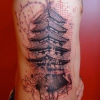 Modern style painted and colored big side tattoo of big Asian house