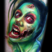Modern style painted colored awesome bloody zombie woman tattoo