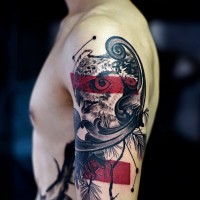 Modern style shoulder tattoo of detailed owl with red horizontal lines