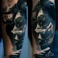 Modern style very detailed arm tattoo of mystic woman face