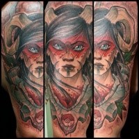 Modern traditional shoulder tattoo of devil woman with leaves