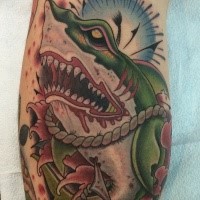Modern traditional style bloody leg tattoo of creepy shark with rope