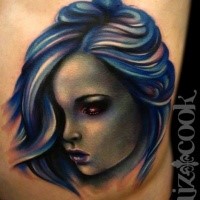 Modern traditional style colored back tattoo of mystic woman