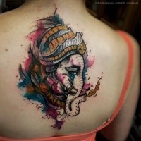 Modern traditional style colored back tattoo of mystical elephant