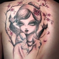 Modern traditional style colored back tattoo of woman with cats and flowers