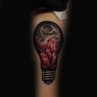 Modern traditional style colored bulb with moon and crystals tattoo