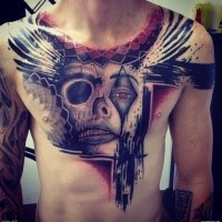 Modern traditional style colored chest tattoo of clown face with skull and wing