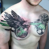 Modern traditional style colored chest tattoo of Celtic symbols with lettering and animals