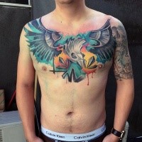 Modern traditional style colored chest tattoo of big fantasy bird