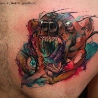 Modern traditional style colored chest tattoo of roaring demonic bear