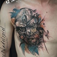 Modern traditional style colored chest tattoo of medieval warrior with broken helmet
