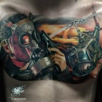 Modern traditional style colored chest tattoo of military helicopter with gas mask