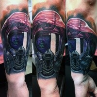 Modern traditional style colored forearm tattoo of spectacular looking woman in gas mask