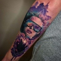 Modern traditional style colored forearm tattoo of modern woman with space