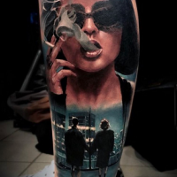Modern traditional style colored leg tattoo of smoking woman with women couple