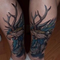 Modern traditional style colored leg tattoo of mystical demonic creature