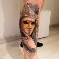 Modern traditional style colored leg tattoo of mystical man in mask