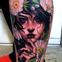 Modern traditional style colored leg tattoo of cute woman with flowers