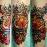 Modern traditional style colored leg tattoo of old lighter with bird and butterfly
