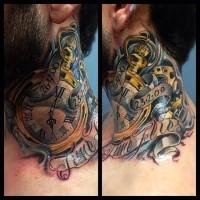 Modern traditional style colored neck tattoo of golden clock and lettering