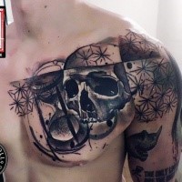 Modern traditional style colored shoulder and chest tattoo of various ornaments with skull and sand clock