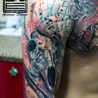 Modern traditional style colored shoulder and chest tattoo of crow with clock