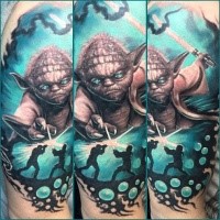 Modern traditional style colored shoulder tattoo of Star Ward Yoda and jedi fighters