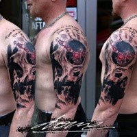 Modern traditional style colored shoulder tattoo of human skull with clock