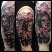 Modern traditional style colored shoulder tattoo fo geisha with blooming tree and samurai warrior