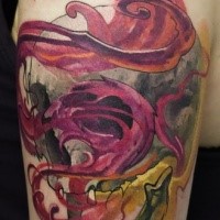 Modern traditional style colored shoulder tattoo of human skull with colorful steam