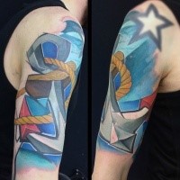 Modern traditional style colored shoulder tattoo of roped anchor