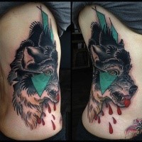 Modern traditional style colored side tattoo of bloody wolf