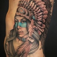 Modern traditional style colored side tattoo of sexy Indian woman