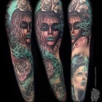Modern traditional style colored sleeve tattoo of creepy women faces