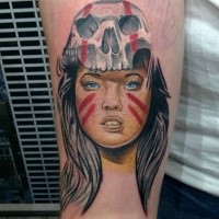 Modern traditional style colored tattoo of tribal woman with helmet