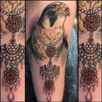 Modern traditional style colored tattoo of eagle with jewelry