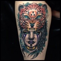 Modern traditional style colored thigh tattoo of woman head with leopard helmet