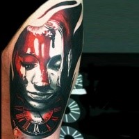 Modern traditional style colored thigh tattoo of bloody woman with clock