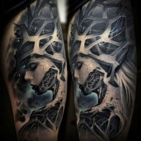 Modern traditional style colored thigh tattoo of fantasy woman
