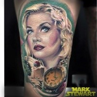 Modern traditional style colored thigh tattoo of beautiful woman and clock