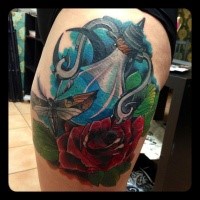 Modern traditional style colored thigh tattoo of magical pot with roses and butterfly