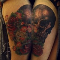 Modern traditional style colored thigh tattoo of human skull with clock and roses