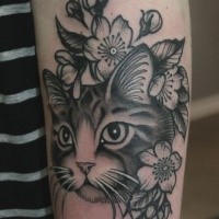 Modern traditional style detailed arm tattoo of cat with various flowers