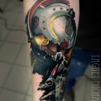 Moderne style colored forearm tattoo of Star Wars pilot with X-Wing